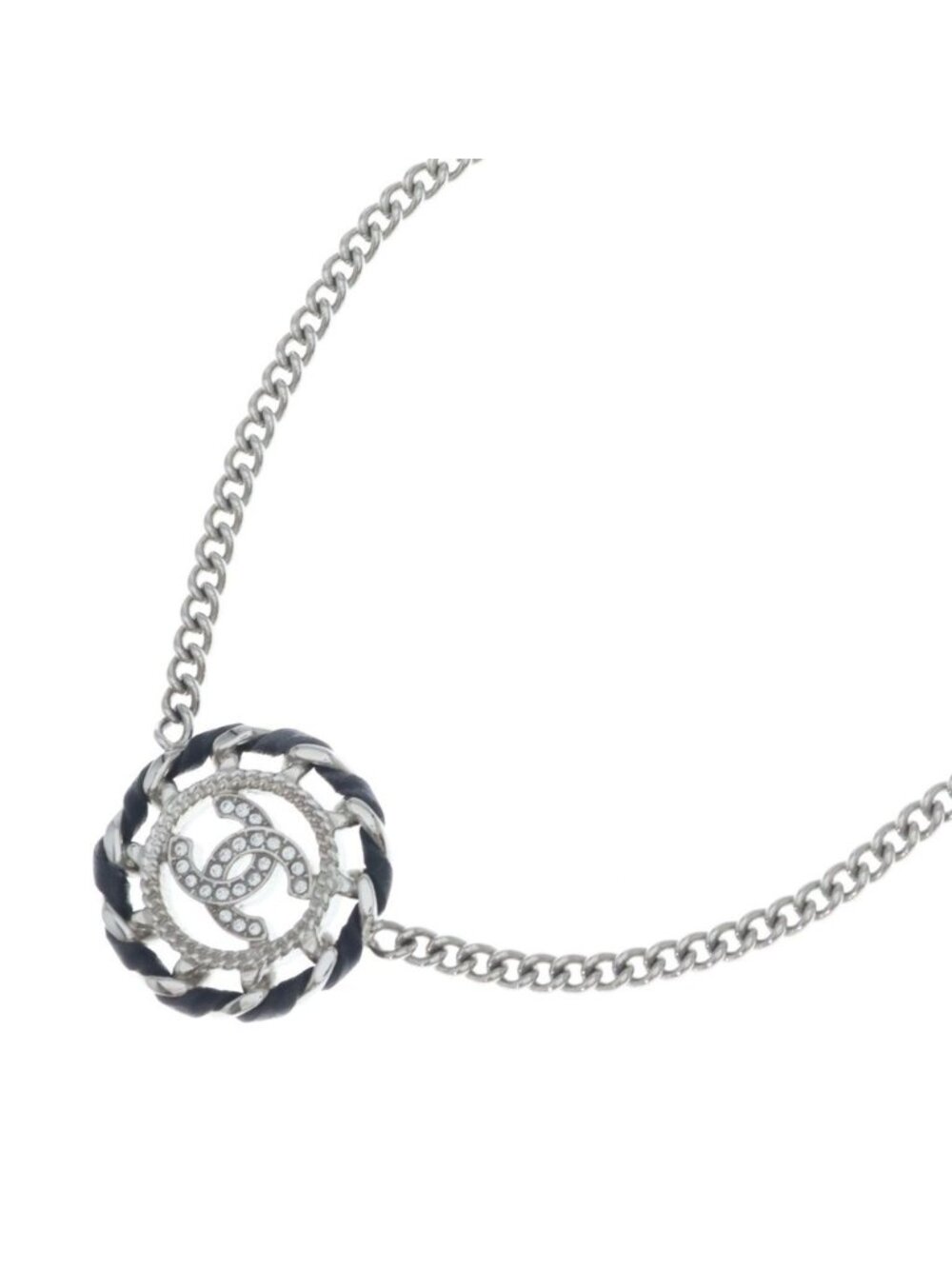 Chanel CC Logo Round Rhinestone Leather Chain Necklace Silver 26c
